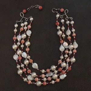 4 strand pearl, apple coral and crystal necklace